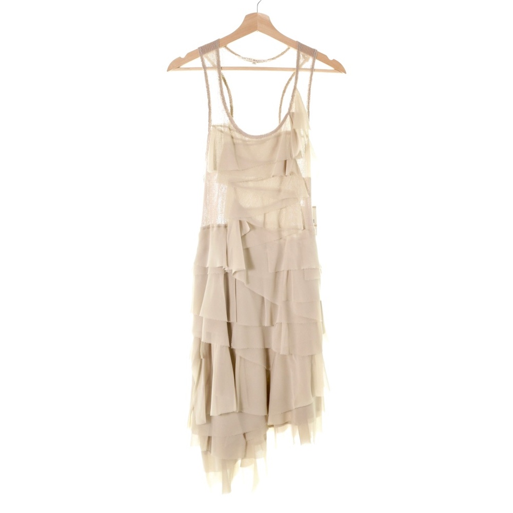 NWT RACHEL Rachel Roy Tiered Mesh Ruffle Asymmetric Midi Nude Dress Women L 12